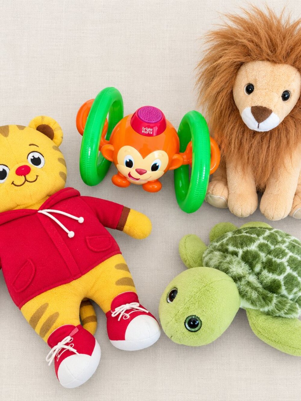 Kids Plush Toy Bundle Set of 4 | Daniel Tiger Lion Turtle + Bright Starts Monkey